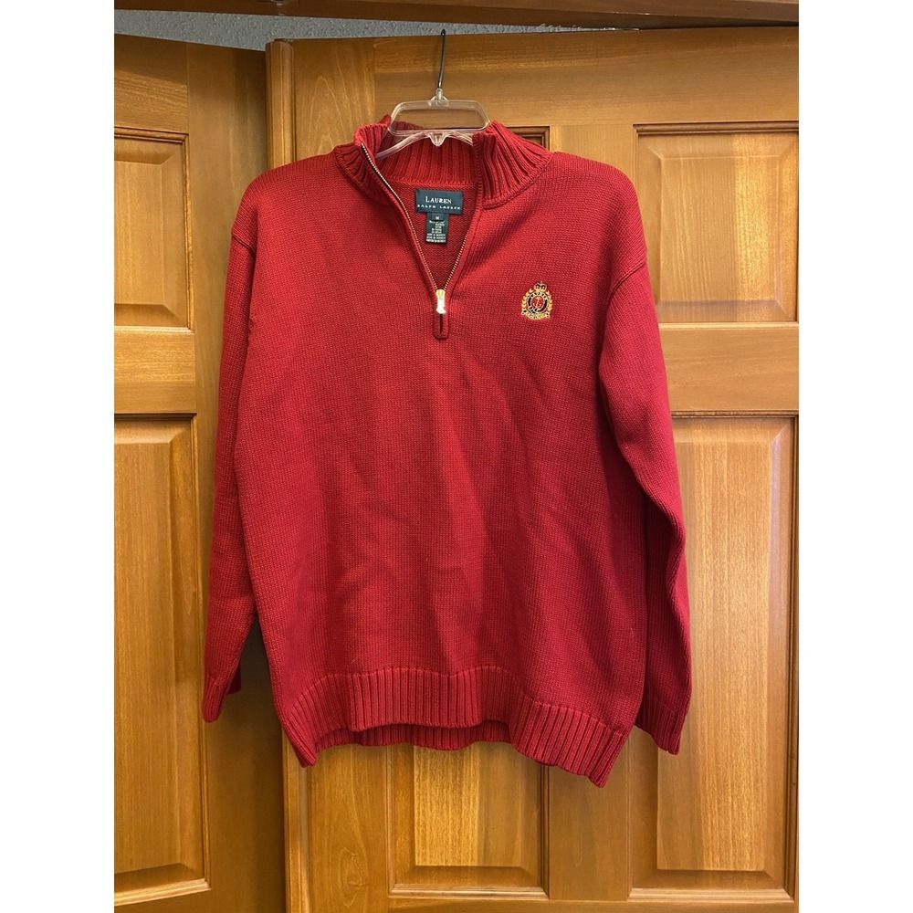 Lauren Ralph Lauren Red 1/4 Zip Pullover Sweater Men's Size Medium Gold Crested